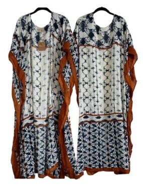 Nalini | Boho Kaftan Blue Brown Shibori Print Swim Coverup - One Size
